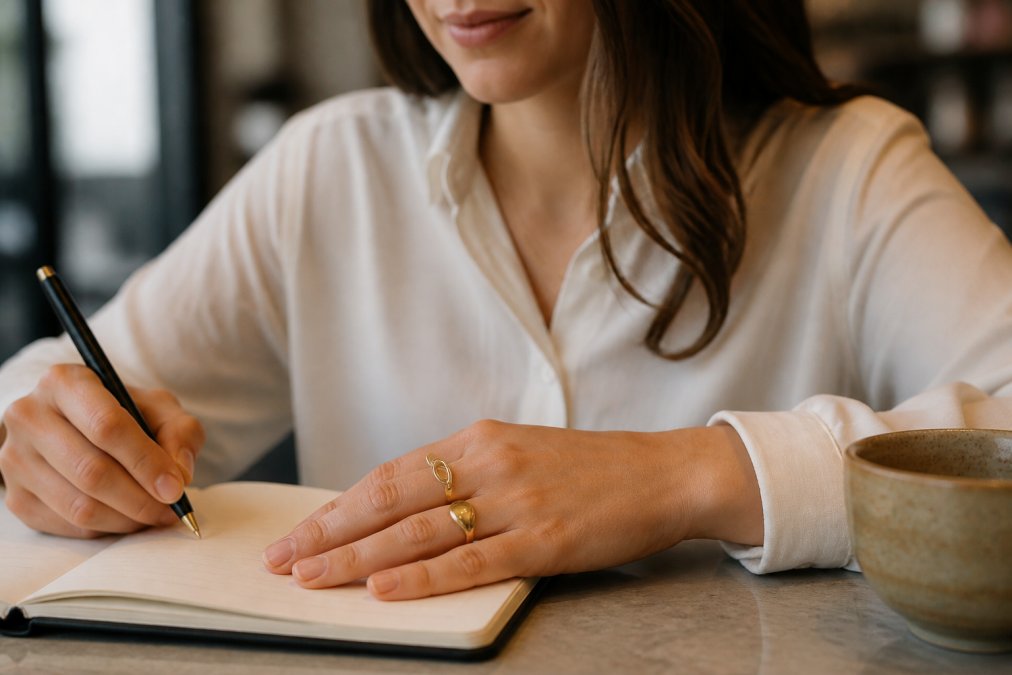Close-up van een siliconen ring aan de hand van een vrouw in dagelijkse setting, met zachte natuurlijke verlichting terwijl ze aan het werk is