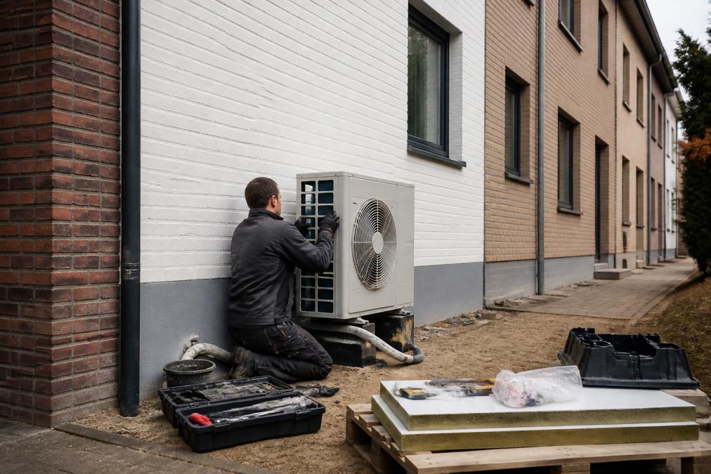 Vakman installeert warmtepomp bij rijwoning als alternatief voor traditionele verwarming bij renovatie