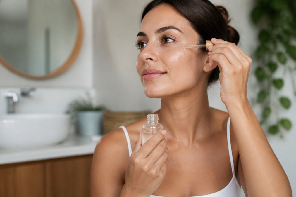 Donna applica un siero viso come alternativa naturale nel suo bagno luminoso