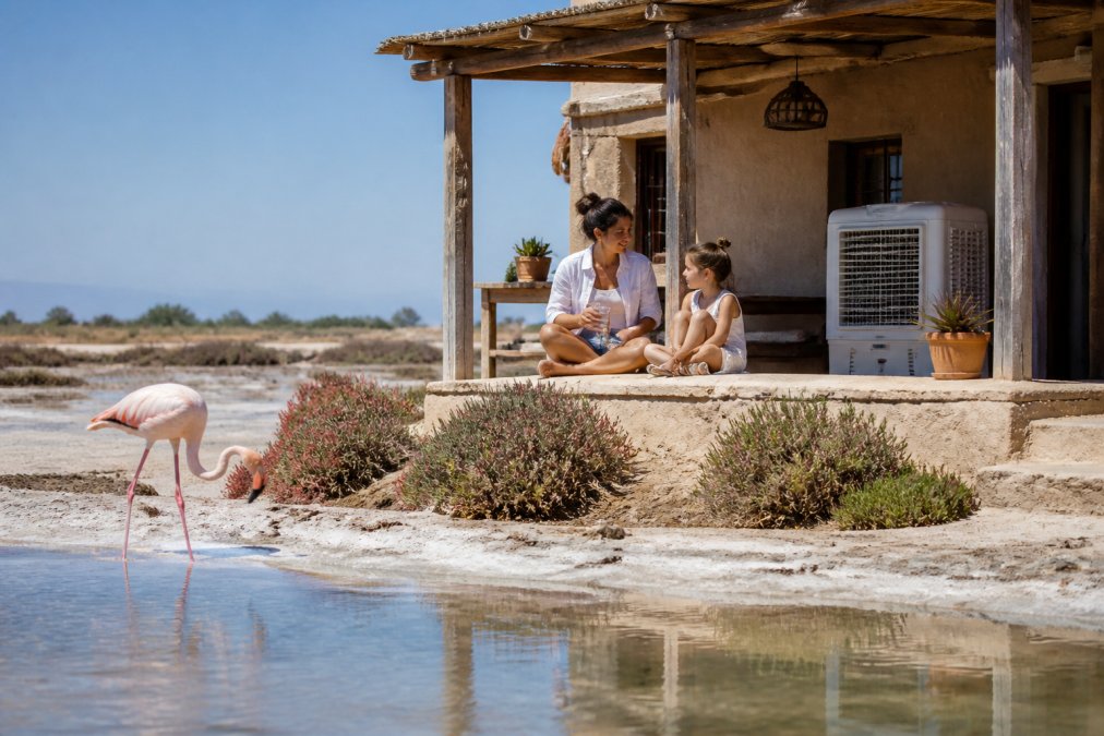 Un flamenco rosa junto a una laguna salada con un climatizador evaporativo visible en la terraza de una casa de adobe en el fondo, arquitectura tradicional del interior peninsular