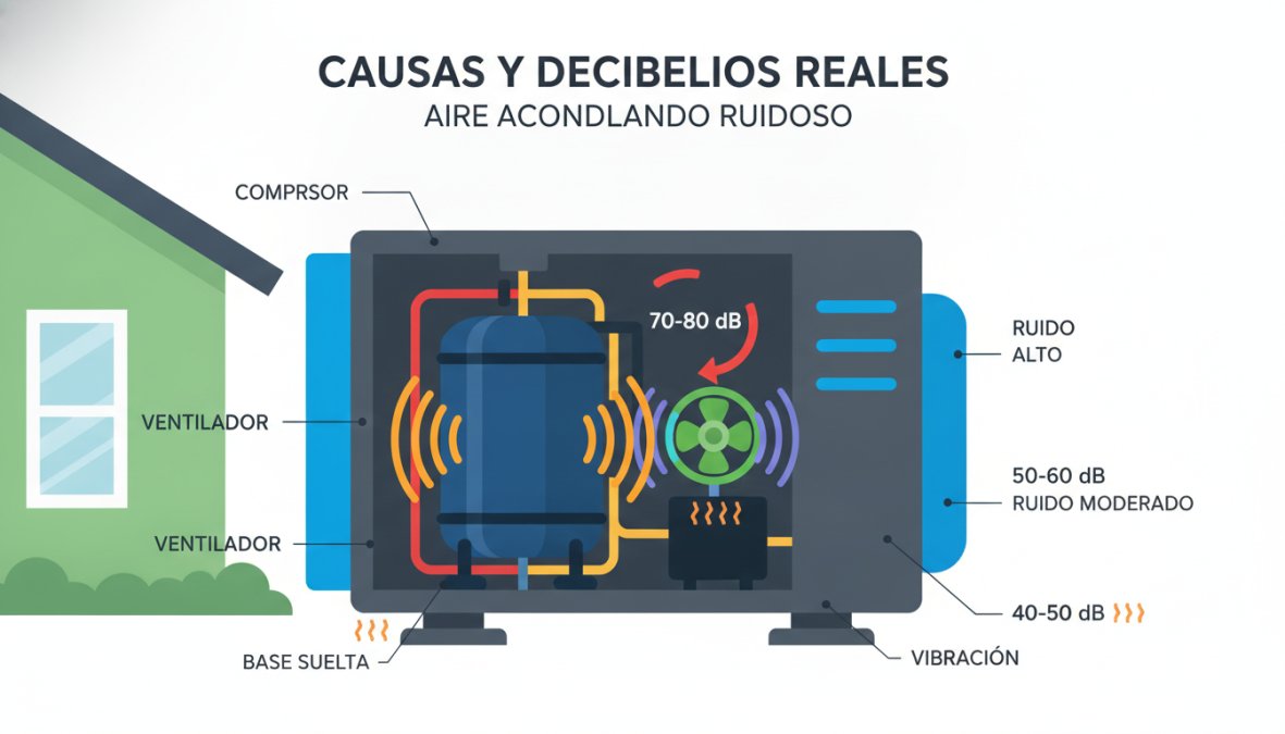 Close-up de una unidad exterior de aire acondicionado instalada en una pared de ladrillo bajo luz natural de mediodía, mostrando el compresor, las aspas del ventilador y los tornillos de sujeción con signos de vibración