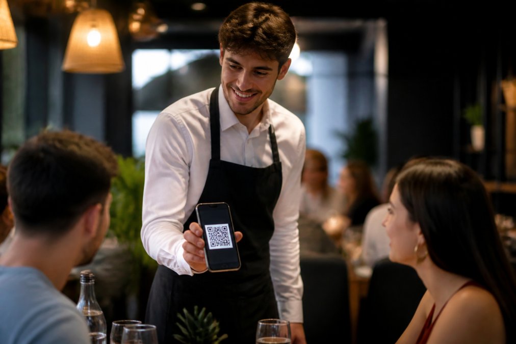 Camarero profesional sosteniendo un smartphone mostrando un menú digital interactivo con código QR en una mesa de restaurante moderno con clientes al fondo