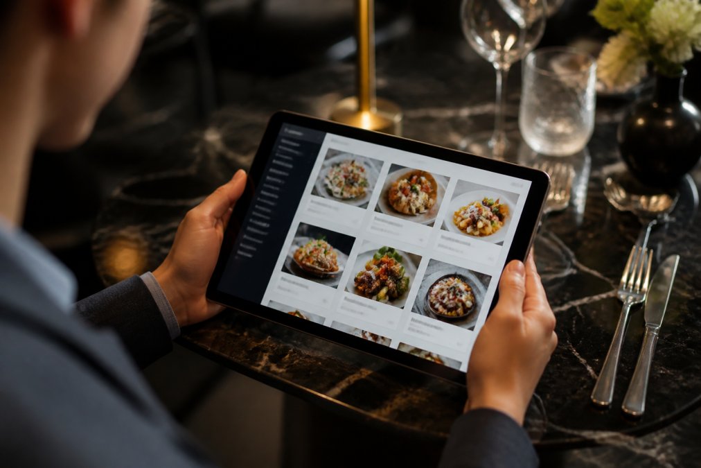 Pantalla de tablet sobre una mesa de restaurante elegante mostrando una carta digital colorida e interactiva con fotos de alta calidad de platos, descripciones detalladas y opciones de filtrado por categoría