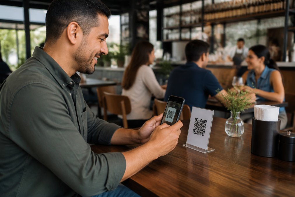 Un dueño de restaurante sonriendo mientras sostiene su teléfono móvil y escanea un código QR en la mesa de su local, con un menú digital visible en la pantalla y clientes al fondo