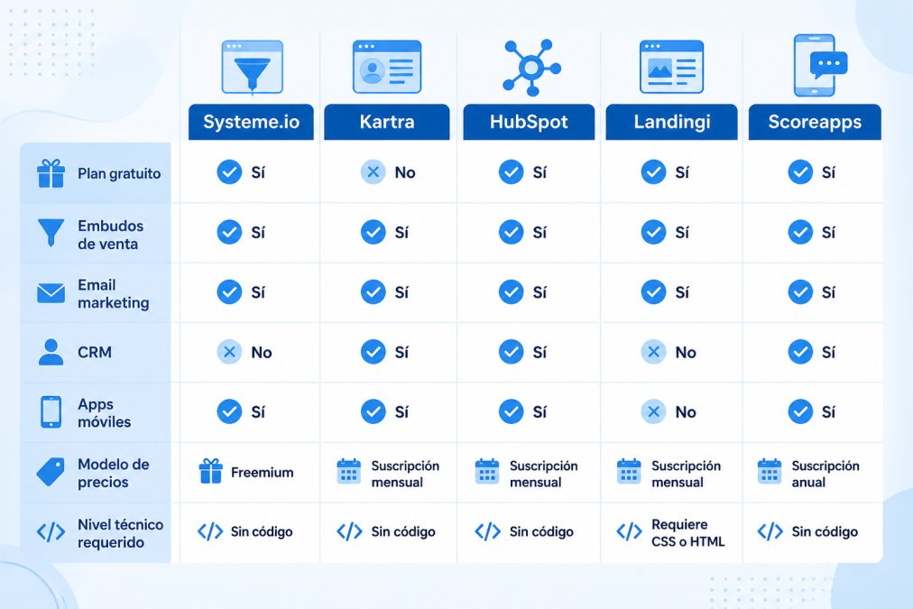 Matriz comparativa de precios y funciones de las principales alternativas a ClickFunnels para negocios digitales.