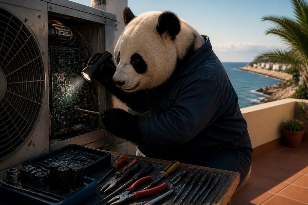 Un panda gigante con mono de trabajo revisando con una linterna la placa electrónica de una unidad exterior de aire acondicionado en una terraza luminosa de la Costa del Sol, con el mar al fondo y herramientas de precisión ordenadas sobre una mesa