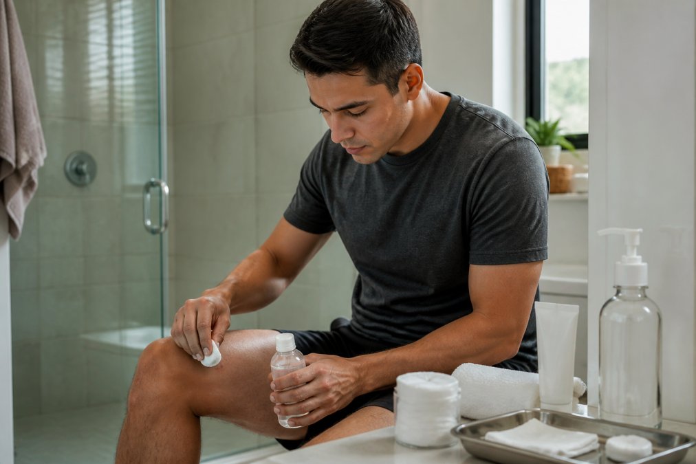 Persona en baño limpio aplicando cuidados post-tratamiento con gasa estéril y solución salina, luz natural suave, productos de higiene ordenados en mostrador