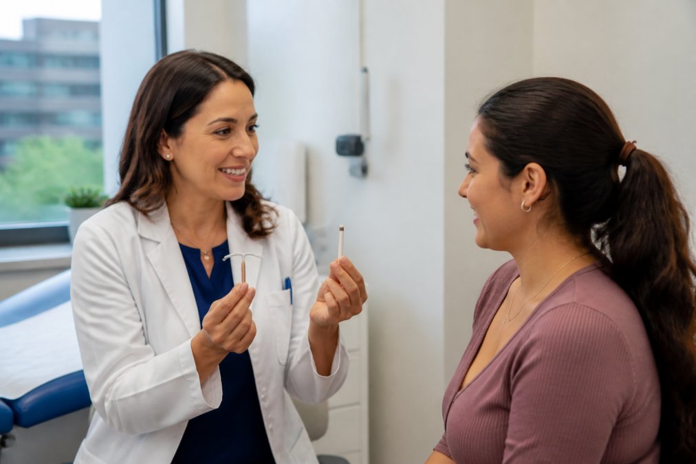 Una doctora en una clínica moderna mostrando un DIU y un implante anticonceptivo a una paciente joven, ambas sonriendo durante una consulta con luz natural