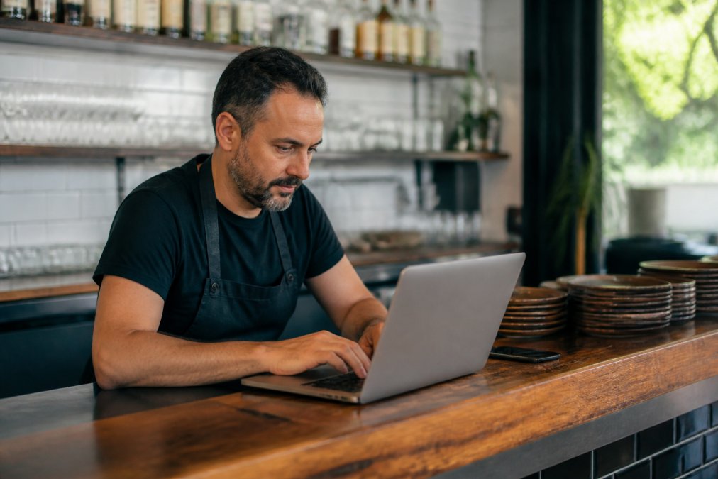 Propietario de restaurante trabajando en su laptop actualizando precios y platos en tiempo real desde el mostrador del restaurante, pantalla clara mostrando interfaz intuitiva