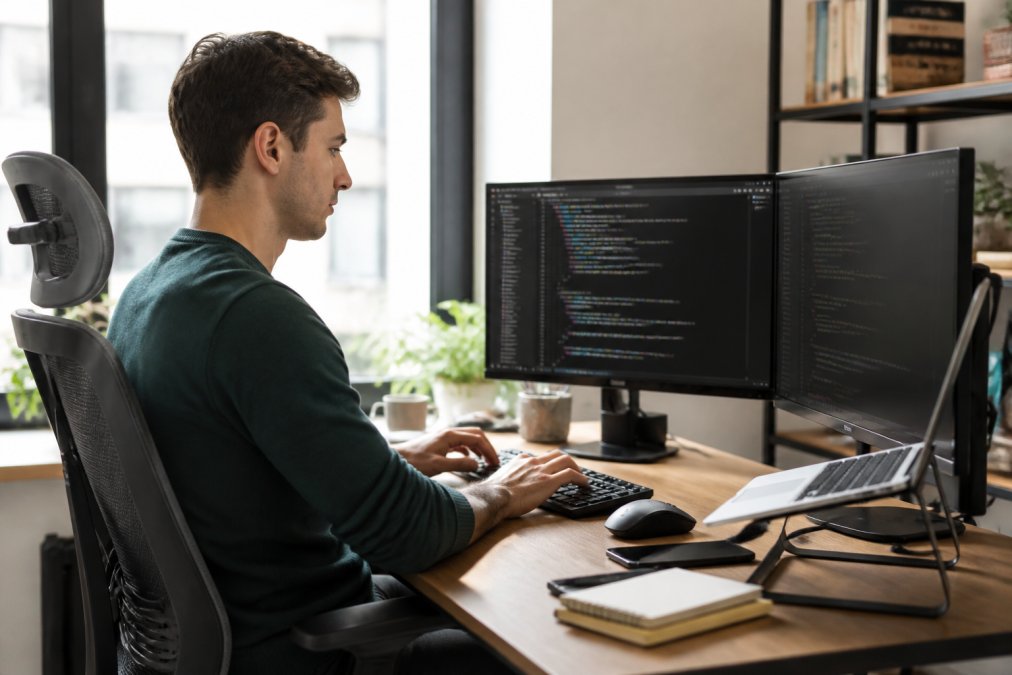 Joven desarrollador trabajando en su escritorio con múltiples monitores, escribiendo código en un entorno profesional moderno con luz natural