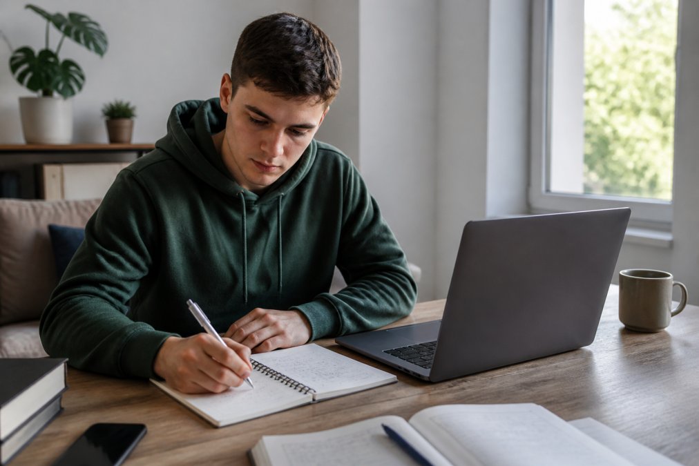 Una persona joven estudiando programación en un portátil sobre una mesa de casa, con una libreta de notas y una taza de café al lado, en una habitación luminosa y tranquila