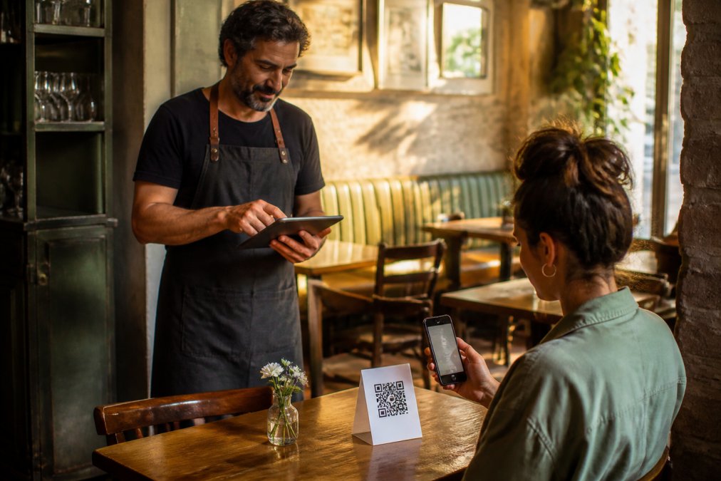 Dueño de restaurante revisa un menú digital en su tablet mientras un cliente escanea el código QR de la mesa