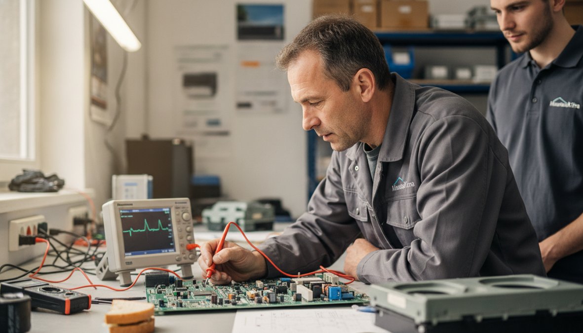 Técnico especializado usando multímetro y osciloscopio para diagnosticar una placa electrónica defectuosa en un taller profesional, con componentes electrónicos visibles bajo iluminación brillante