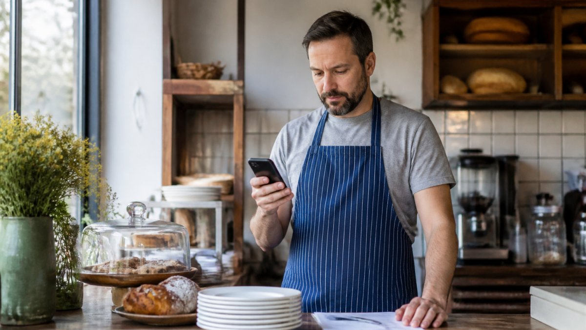 Propietario de un pequeño restaurante consultando opciones de menú digital en su teléfono móvil mientras atiende el mostrador, luz natural de la mañana en el local