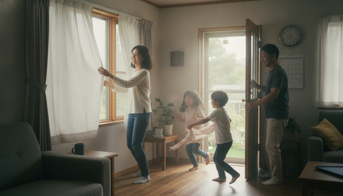 Casa con ventanas abiertas en lados opuestos, cortinas moviéndose suavemente con brisa natural de madrugada, luz azul del amanecer entrando