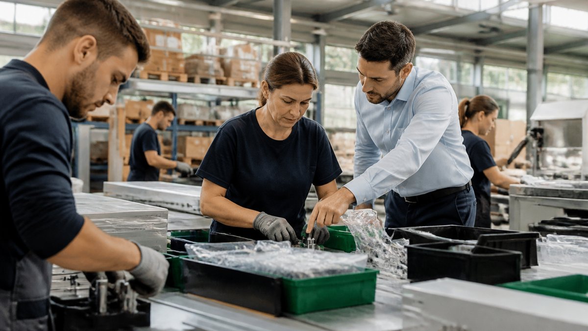 Team di operai qualificati impegnati nell'assemblaggio di componenti in un magazzino moderno e luminoso.