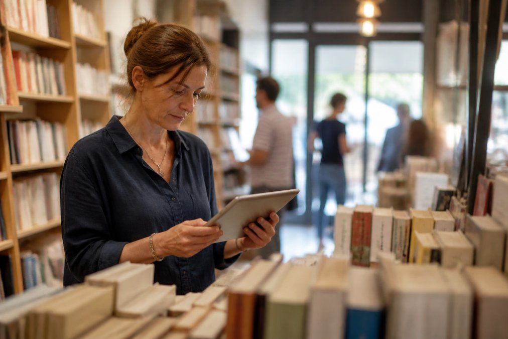 Libraia usa un software gestionale libreria su tablet per controllare l'inventario tra gli scaffali pieni di libri.