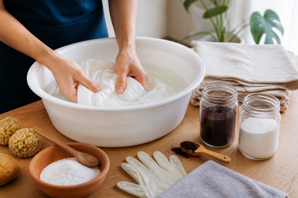 Mani che preparano tessuto di cotone bianco puro in una bacinella di acqua tiepida, con colorante in polvere, soda ash e accessori di tintura disposti ordinatamente su un tavolo in legno