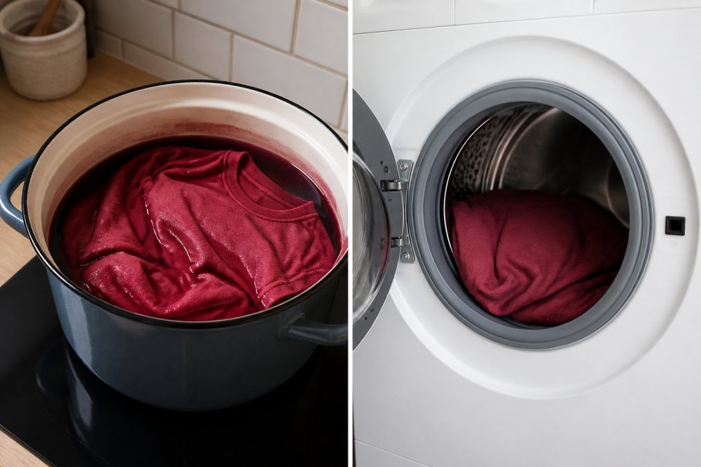 Confronto visivo di due metodi: a sinistra una maglietta in cotone tinta a mano in una pentola smaltata con acqua colorata, a destra la stessa maglietta dentro una lavatrice moderna con oblò aperto