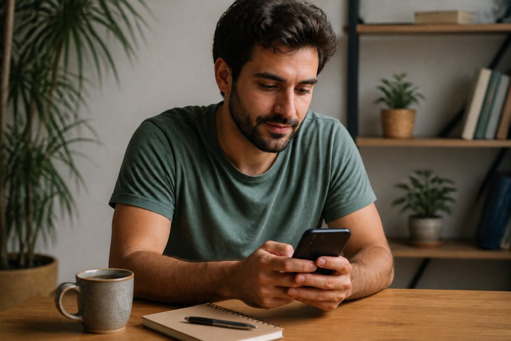 Una persona che utilizza uno smartphone in una stanza tranquilla, guardando lo schermo con espressione serena, mentre accanto si trovano una tazza di caffè e un taccuino