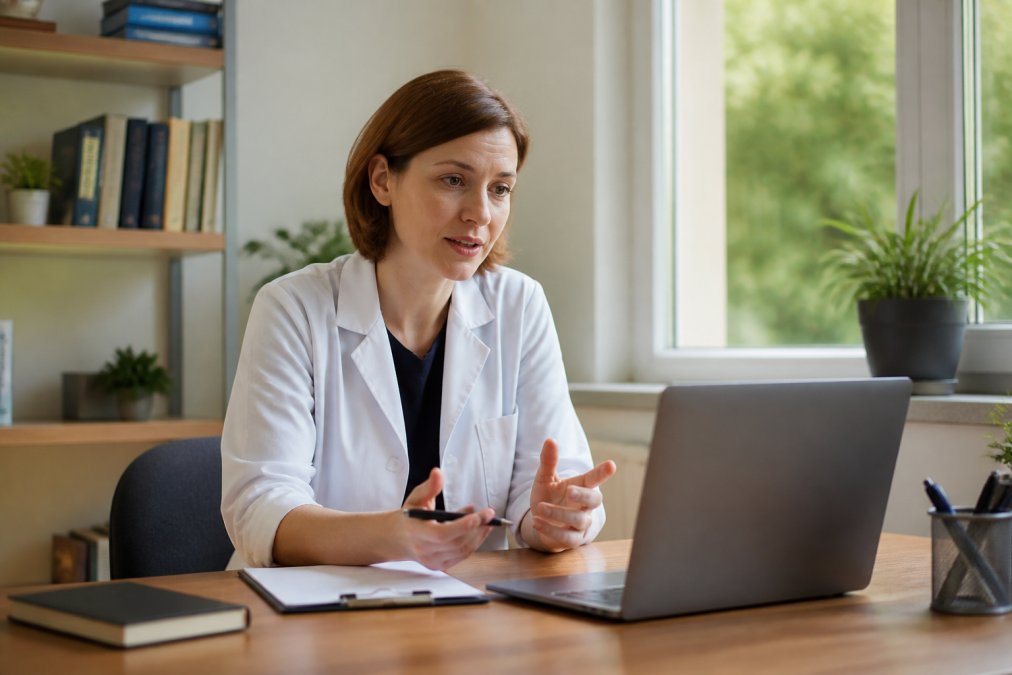 Un professionista della salute mentale che conduce una consultazione virtuale su un laptop in un ambiente clinico calmo e professionale, con luce naturale che entra da una finestra