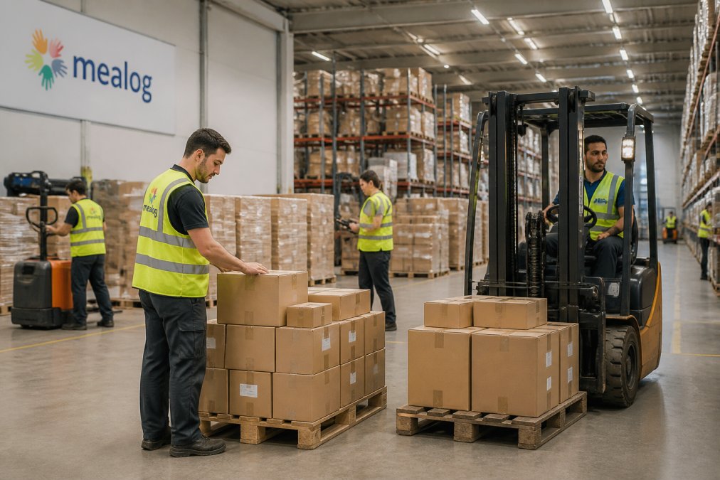 Team operativo che movimenta merci su carrelli elevatori in magazzino durante un picco di lavoro, con personale che organizza pallet in uno spazio ben illuminato e ordinato