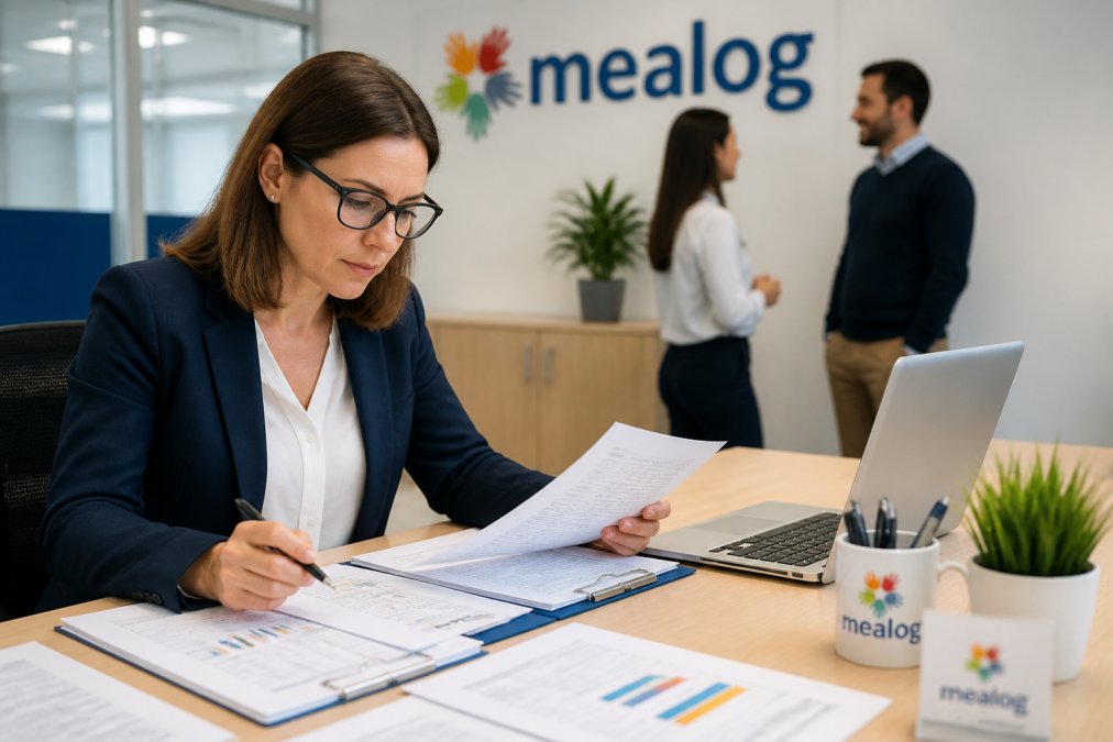 Responsabile HR che esamina documenti di valutazione del personale, competenze tecniche e metriche di performance su una scrivania con computer in ufficio moderno
