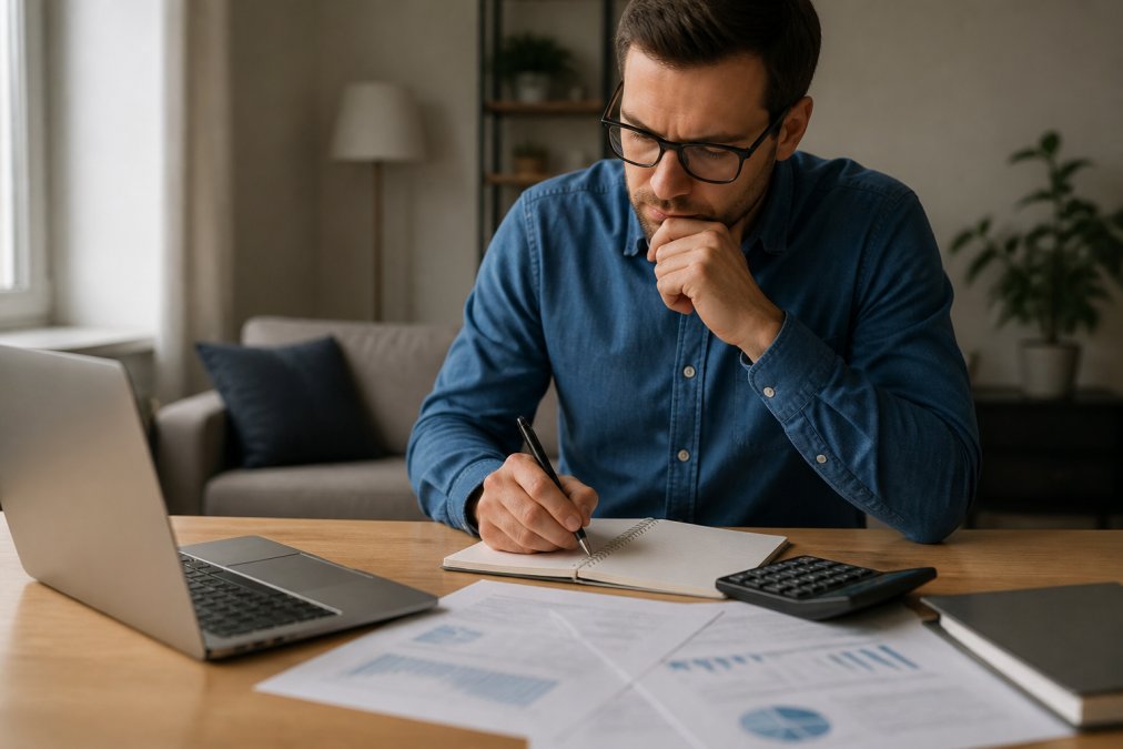 Professionista che lavora concentrato al computer in uno spazio privato e tranquillo, con lo sguardo serio e consapevole, rappresentando la riservatezza e la discrezione nel percorso terapeutico online