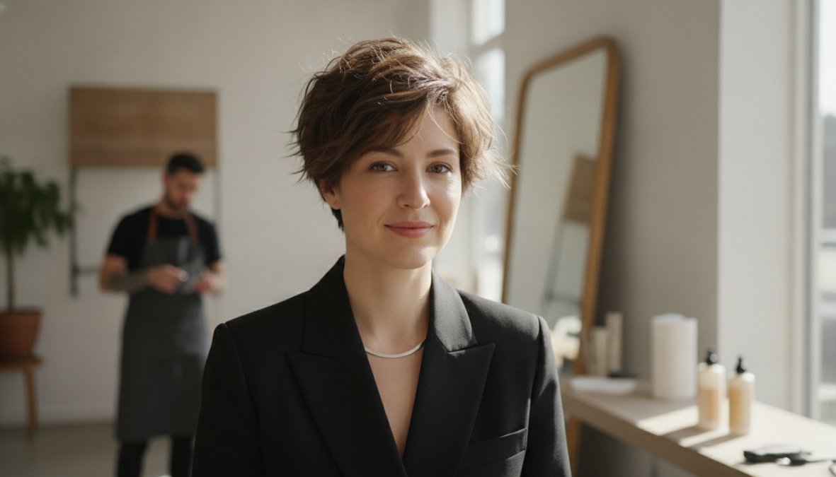 Donna con viso ovale che indossa un pixie cut corto e strutturato, con ciuffi laterali che accarezzano il viso in una posa di tre quarti che mostra l'armonia dei lineamenti