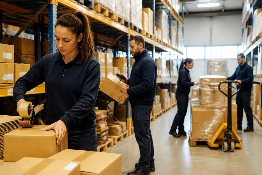 Operatori logistici in divisa etichettano colli in un magazzino ordinato per una gestione magazzino efficiente.