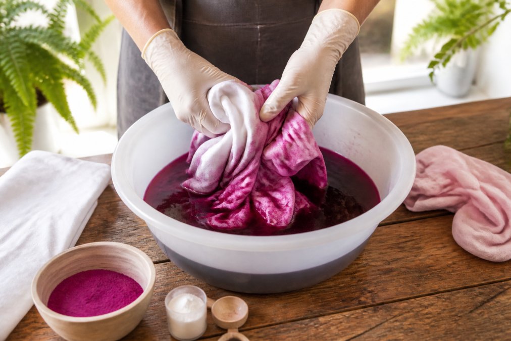 Mani che preparano tessuto in cotone bianco in una bacinella d'acqua con tintura in polvere e guanti protettivi, ambiente domestico luminoso