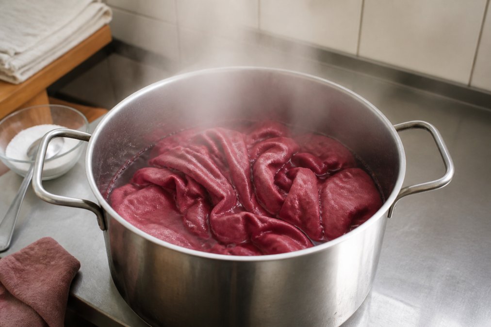 Capo di cotone colorato appena tinto in una pentola di acqua calda con agente fissativo, vapore visibile, superficie di lavoro pulita