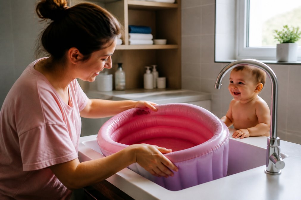 Maman installant une baignoire bébé gonflable en forme de cupcake dans un évier, une alternative baignoire bébé idéale.