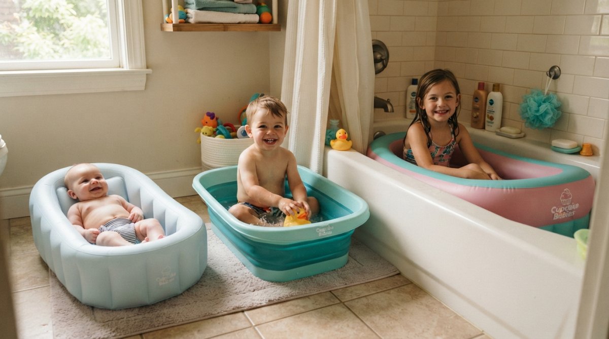 Enfant de 3 mois allongé dans une petite baignoire gonflable compacte, puis enfant de 2 ans assis dans une baignoire pliable de taille moyenne, puis enfant de 6 ans dans une baignoire plus grande, illustrant la croissance progressive