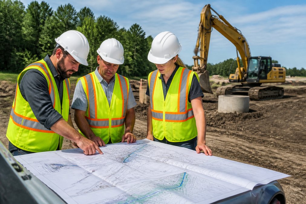 Construction manager and project team reviewing blueprints and site plans at a municipal infrastructure project, with heavy equipment visible in the background and natural daylight