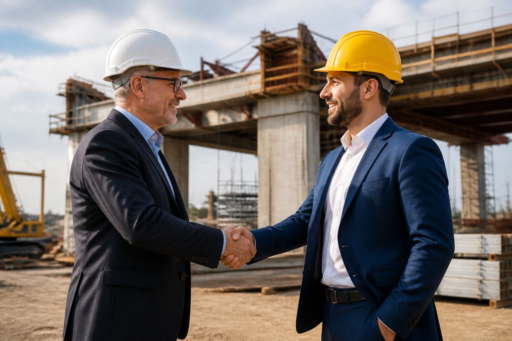Government official and private sector executive shaking hands in front of a major infrastructure project under construction, representing collaboration and partnership between sectors