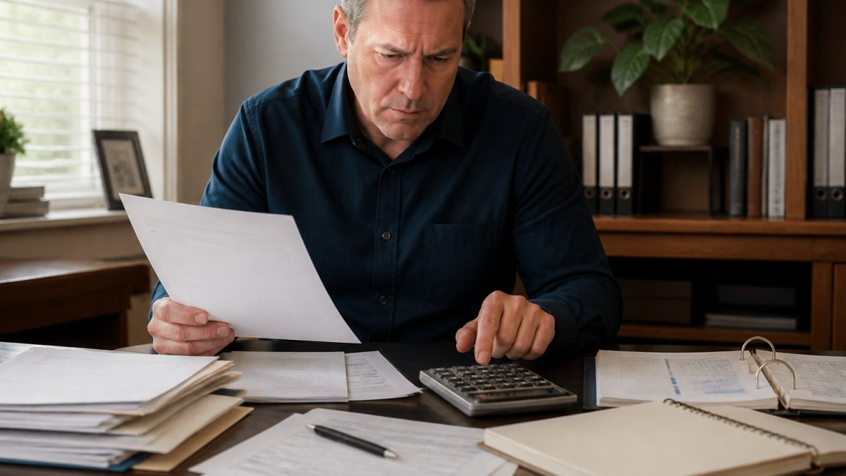 Property owner reviewing loan documents and financial statements at desk with calendar and calculator visible, representing the alternative documentation loan application process