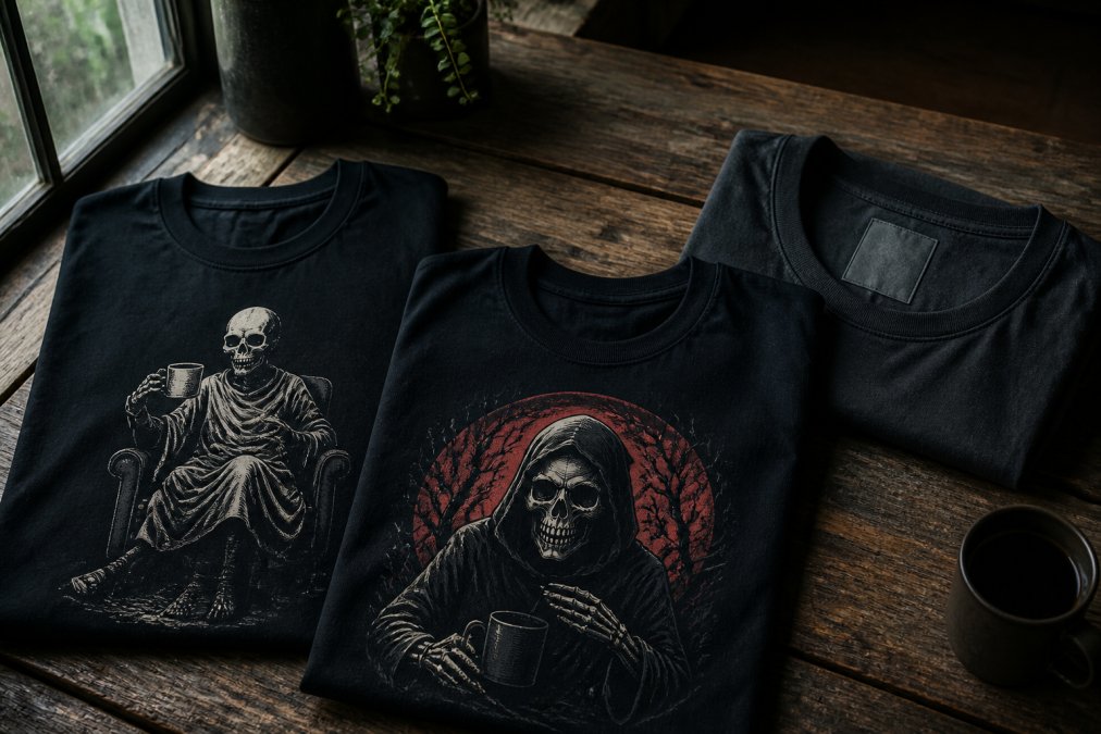 Infographic diagram comparing design elements for alternative fashion for dark humor fans on three graphic tees.