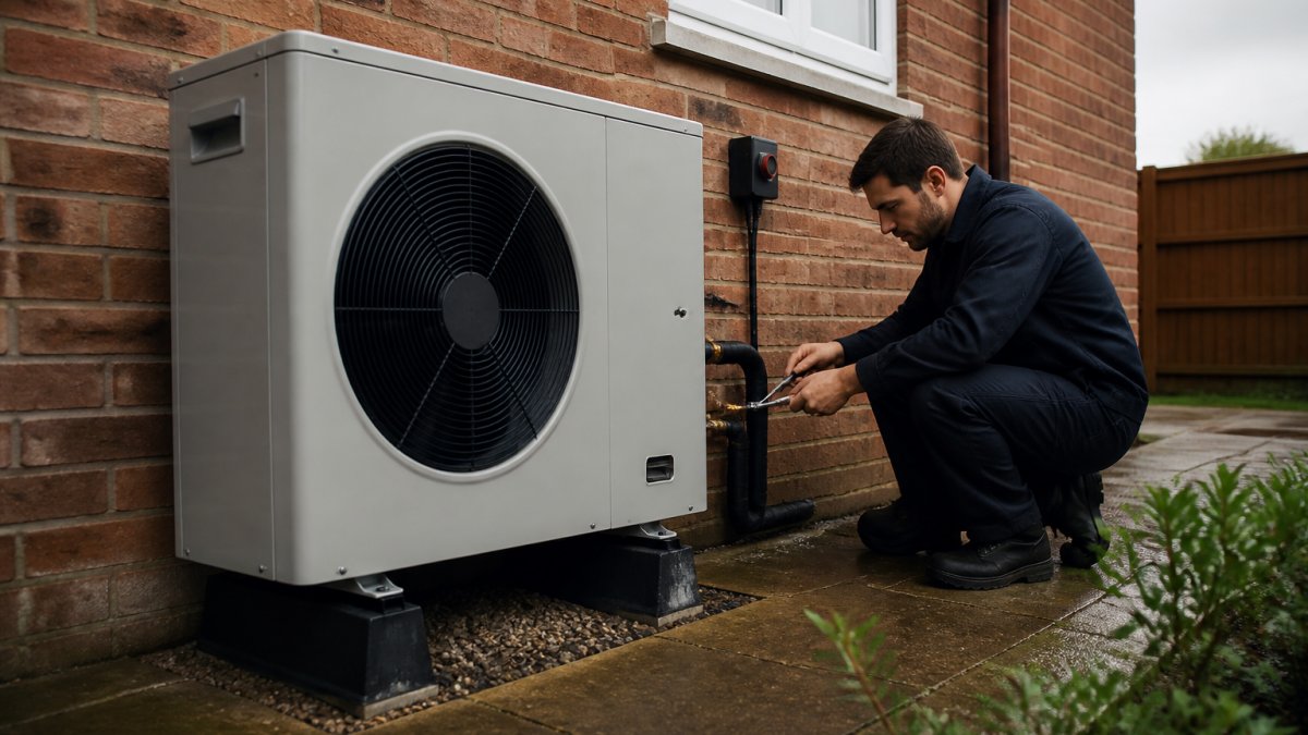 A modern air source heat pump unit mounted on the exterior wall of a British brick home, a Gas Safe registered engineer in a navy uniform crouching to check the pipework, soft overcast daylight