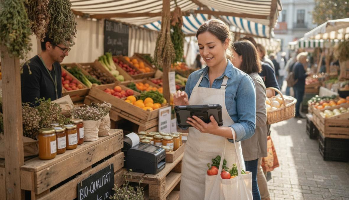 Einzelhandelsmitarbeiter nutzt ein Tablet als alternative Kassensysteme Einzelhandel bei einem Pop-up-Event mit Kunden