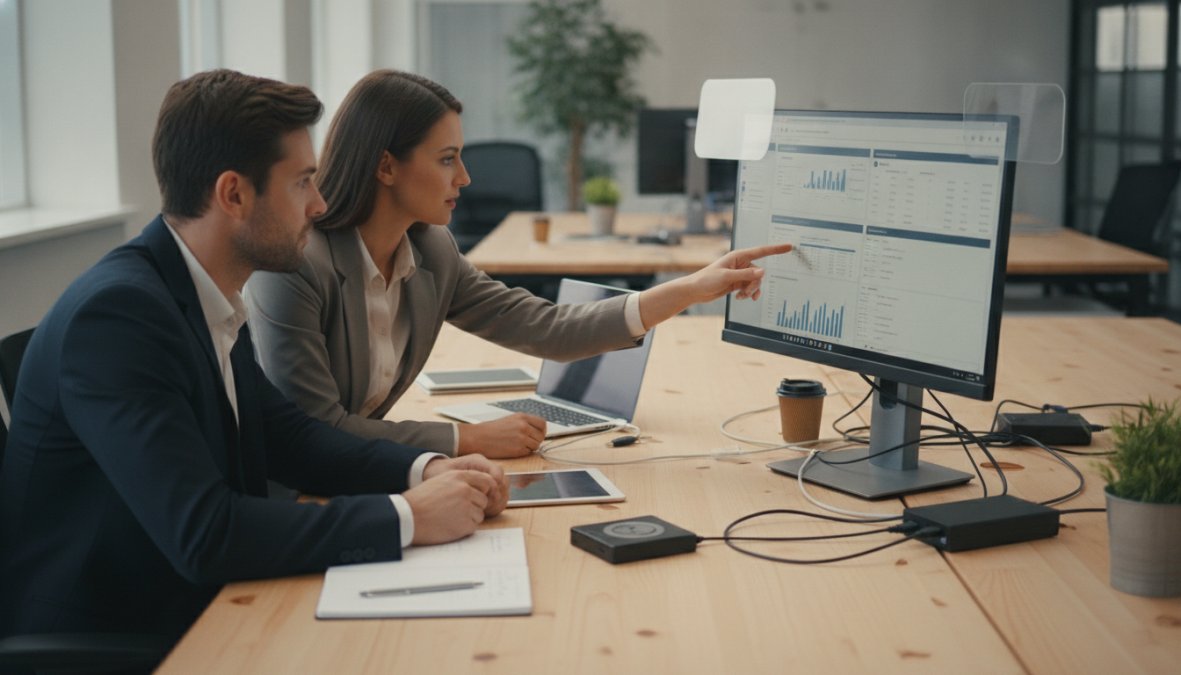 Two colleagues sitting side by side at a shared desk in a bright open-plan office, reviewing an analytics dashboard on a large monitor together, one person pointing at the screen, natural light from floor-to-ceiling windows behind them