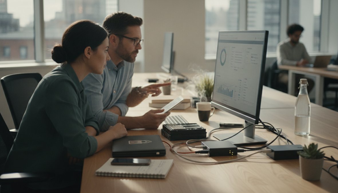 A founder sitting at a wooden desk in a modern home office, multiple browser tabs visible on a laptop screen showing colorful SEO dashboards and audit results, natural daylight coming through a window, coffee mug nearby