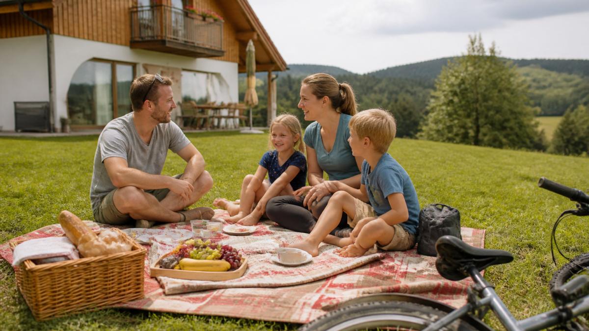 Eine Familie mit zwei Kindern sitzt entspannt auf einer Wiese vor einer Ferienwohnung in ländlicher Umgebung, im Hintergrund sanfte Hügel und Wald, warmes Nachmittagslicht, Picknickdecke und Fahrräder im Vordergrund