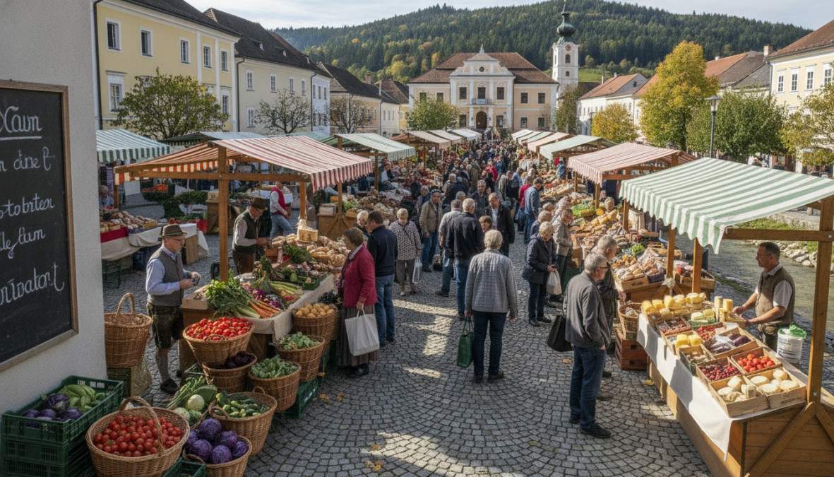 Bunter Wochenmarkt in einer Kärntner Kleinstadt, Marktstände mit frischem Gemüse, Käse und regionalen Produkten, Besucher beim Einkaufen im Morgenlicht