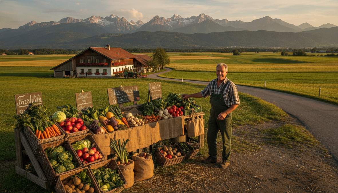 Kärntner Bauer präsentiert frisch geerntete Gemüsekisten vor seinem Hof, im Hintergrund grüne Felder und Bergpanorama, warmes Nachmittagslicht