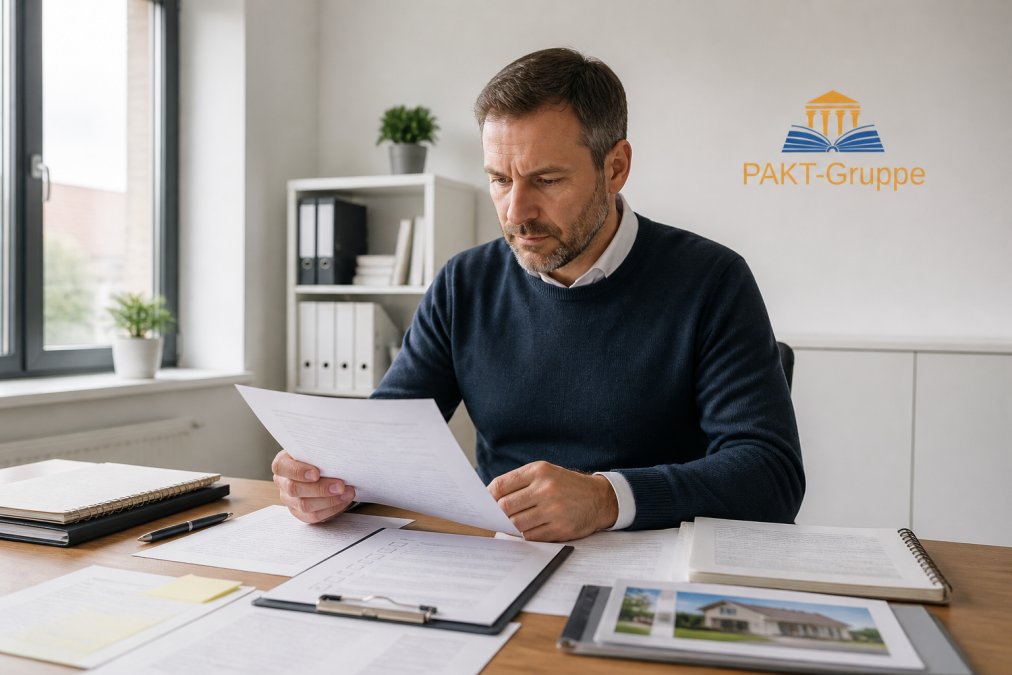 Immobilienverkäufer sitzt an einem Schreibtisch und betrachtet Dokumente sowie eine Checkliste für seinen Hausverkauf, umgeben von Notizen und Unterlagen bei natürlichem Licht