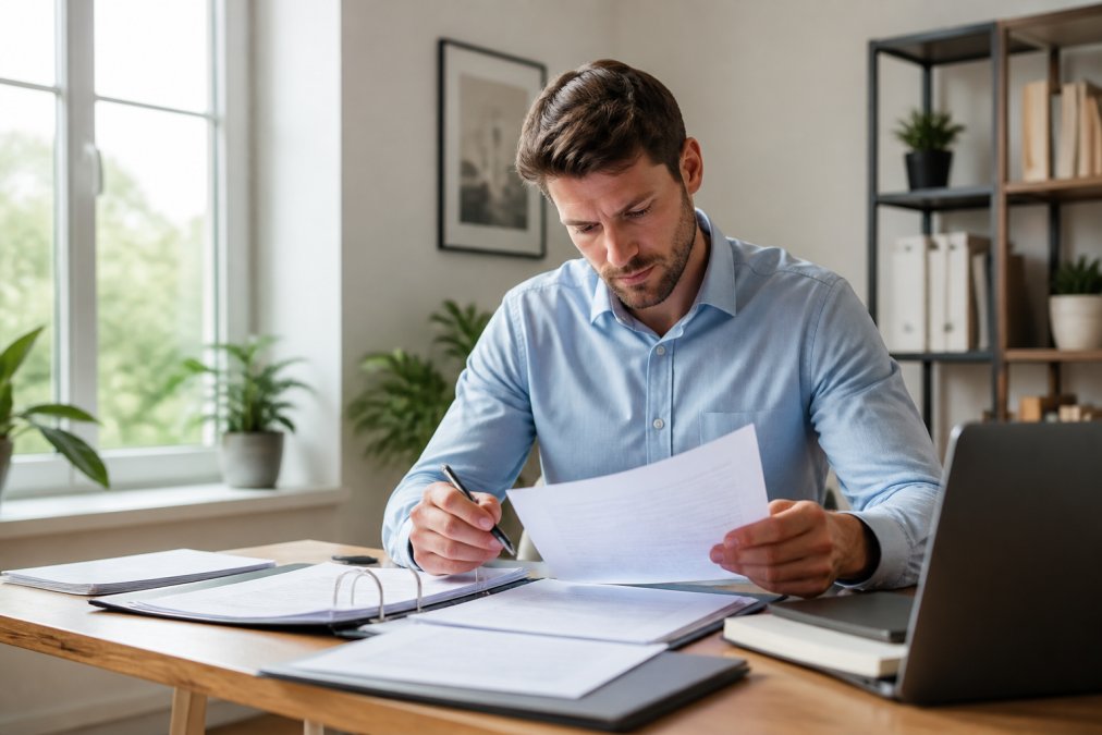 Gründer sitzt am Schreibtisch mit Dokumenten und Laptop, studiert Verträge und Gründungsunterlagen in einem hellen Homeoffice