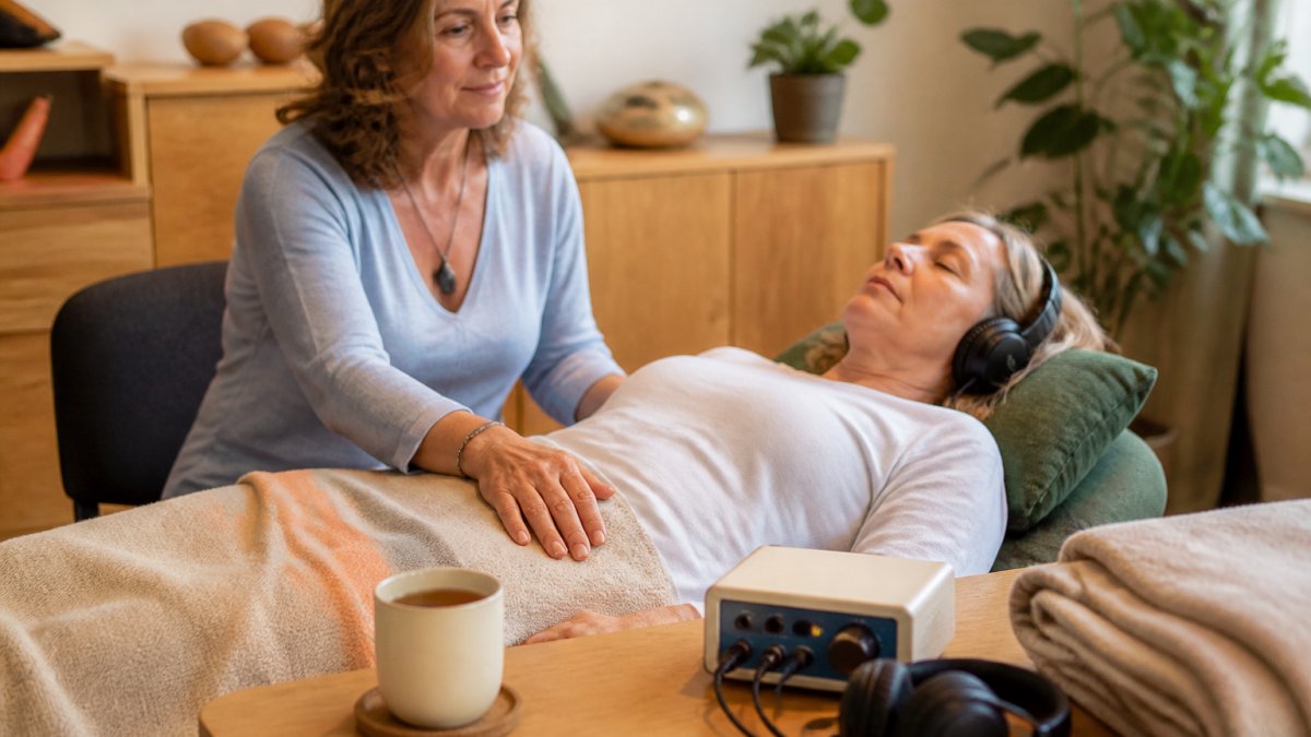 A peaceful therapy scene featuring a therapist and a client in a brightly lit treatment room; on the table is a small frequency device and headphones for sound therapy, with a blanket and a cup of tea next to them