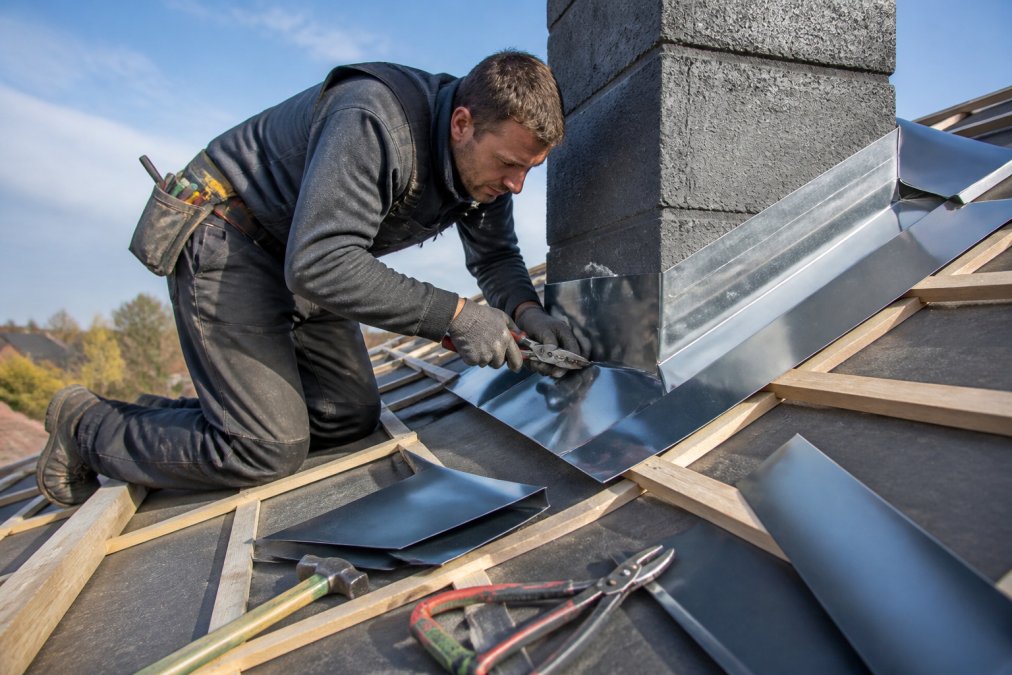 Blikkenslager i arbeidstøy som knekker og monterer et skreddersydd metallbeslag rundt en pipe på et skrått tak, med verktøy og beslagmateriale synlig på takflaten, dagslys