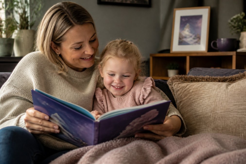 Barn og voksne som leser sammen fra en fargerik barnbok, med fokus på ansiktsuttrykk og emosjonell tilknytning under lesestunden
